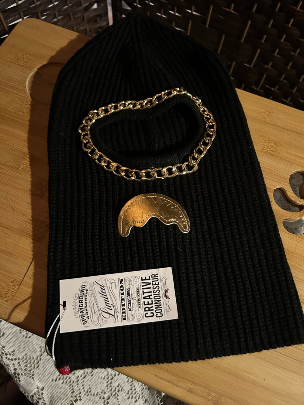 Sprayground Black Ribbed Beanie with Gold Chain & Moon Emblem